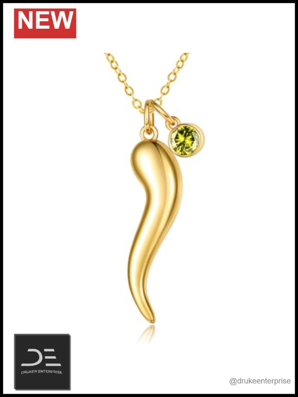 14K/18K/24K Gold Italian Horn Pendant Necklace with Birthstone
